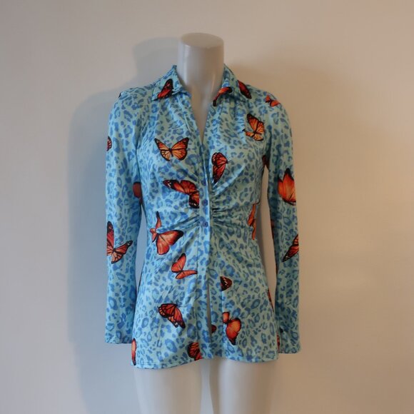 LACAUSA Tops - NWT Womens LACA USA Blue, Orange Butterfly Print Button Down Blouse L